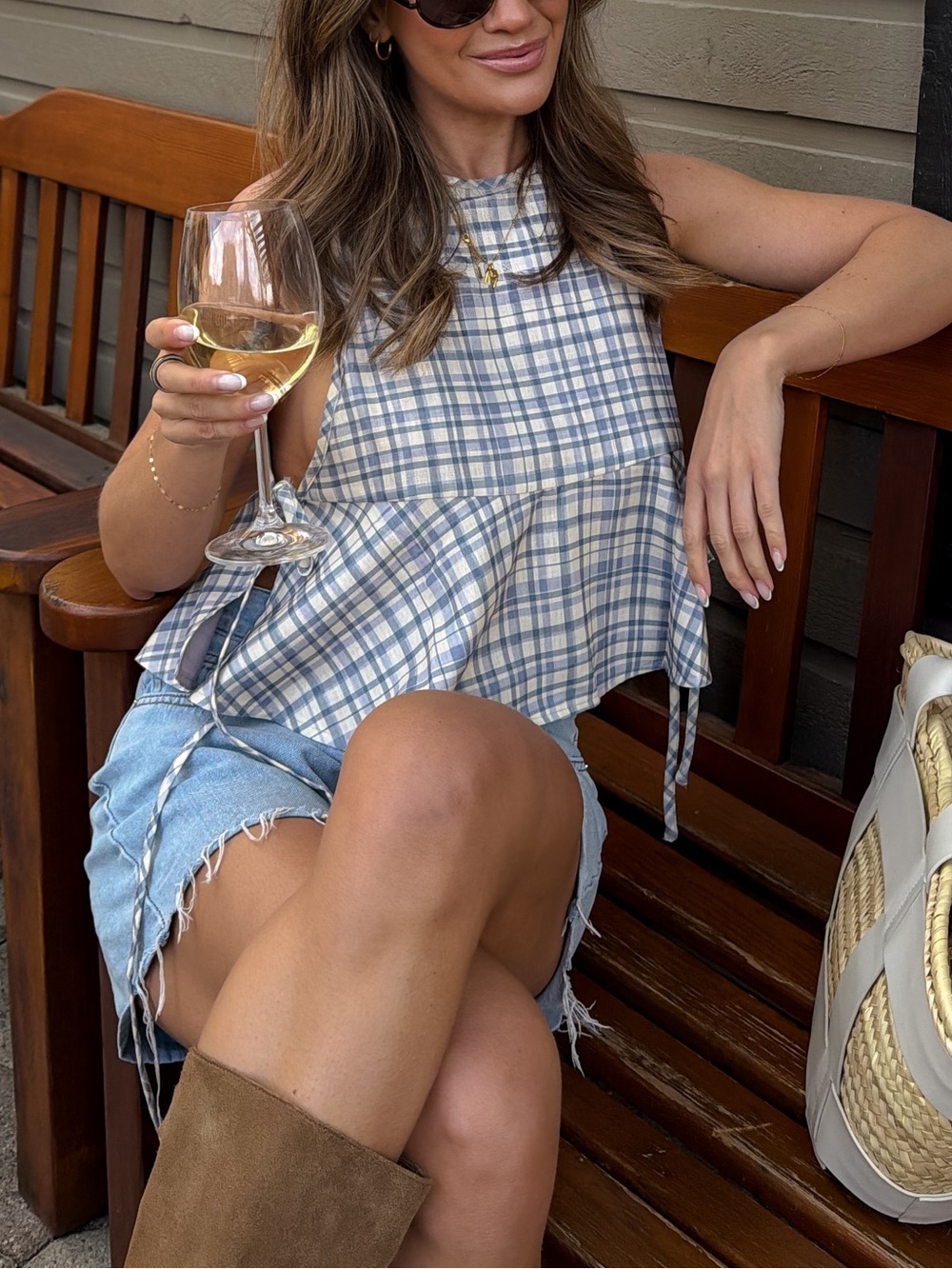 Peppermayo Blue and White Plaid Tie-Side Peplum Tank